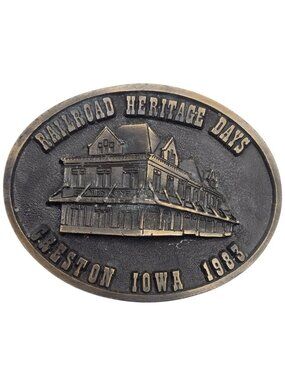 Creston Iowa Belt Buckle 1983 Railroad Heritage Days Vintage Train Depot Design
